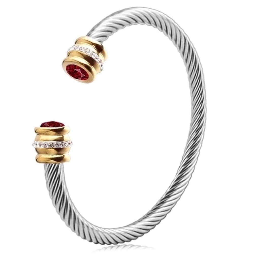 •July• Elegant Twisted Cable Cuff Bracelet with Ruby Red Gemstone Accents